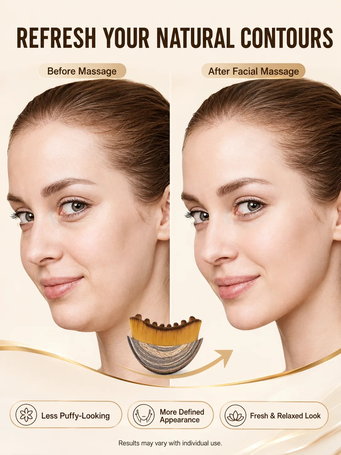 Before and after images showing the effect of a facial massage on contours, resulting in a fresher and more defined look.