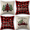 A set of four festive Christmas themed plaid pillow covers featuring reindeer, trees, and holiday text