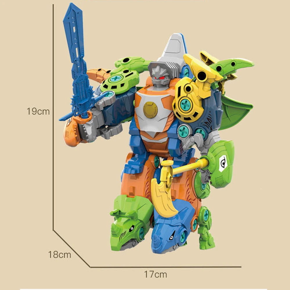 5-in-1 transformierbares Dinosaurierroboter-Bausatz mit blauen und orangen Komponenten.