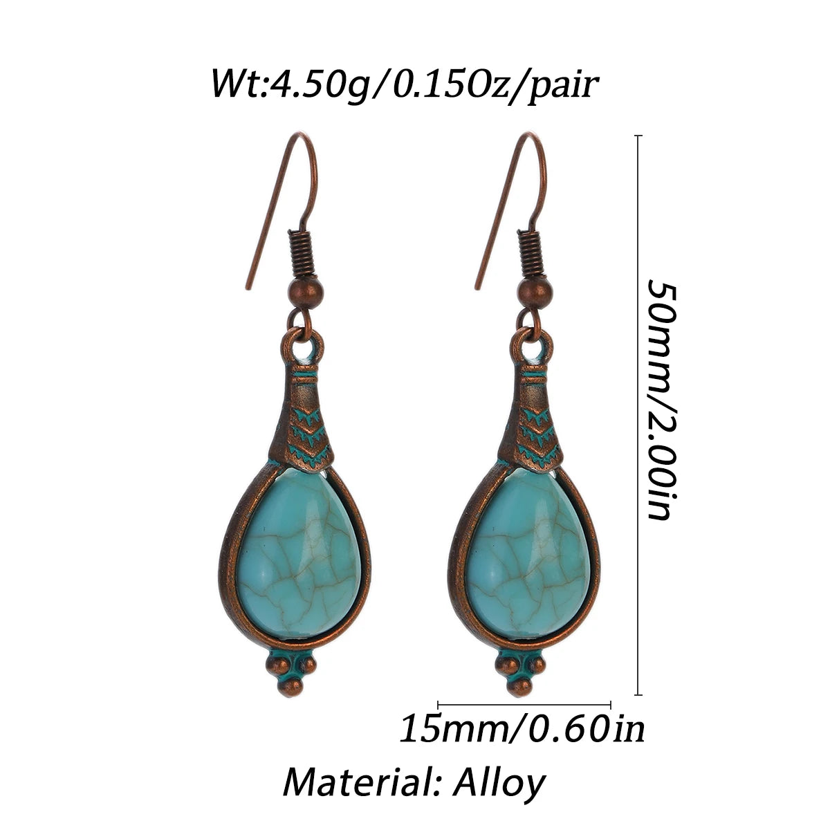 Boucles d'oreilles pendantes en alliage de laiton avec une pierre turquoise et un design géométrique.