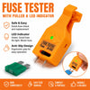 Orange fuse tester with puller and LED indicator showing a green light, demonstrating safe and easy fuse checking.