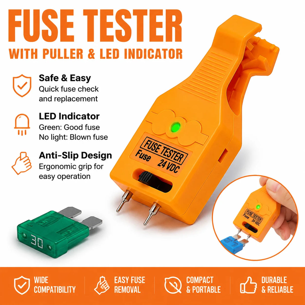 Orange fuse tester with puller and LED indicator showing a green light, demonstrating safe and easy fuse checking.