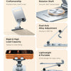 A silver aluminum phone stand with a smooth 360 degree swivel base and dual-axis alloy adjustment.