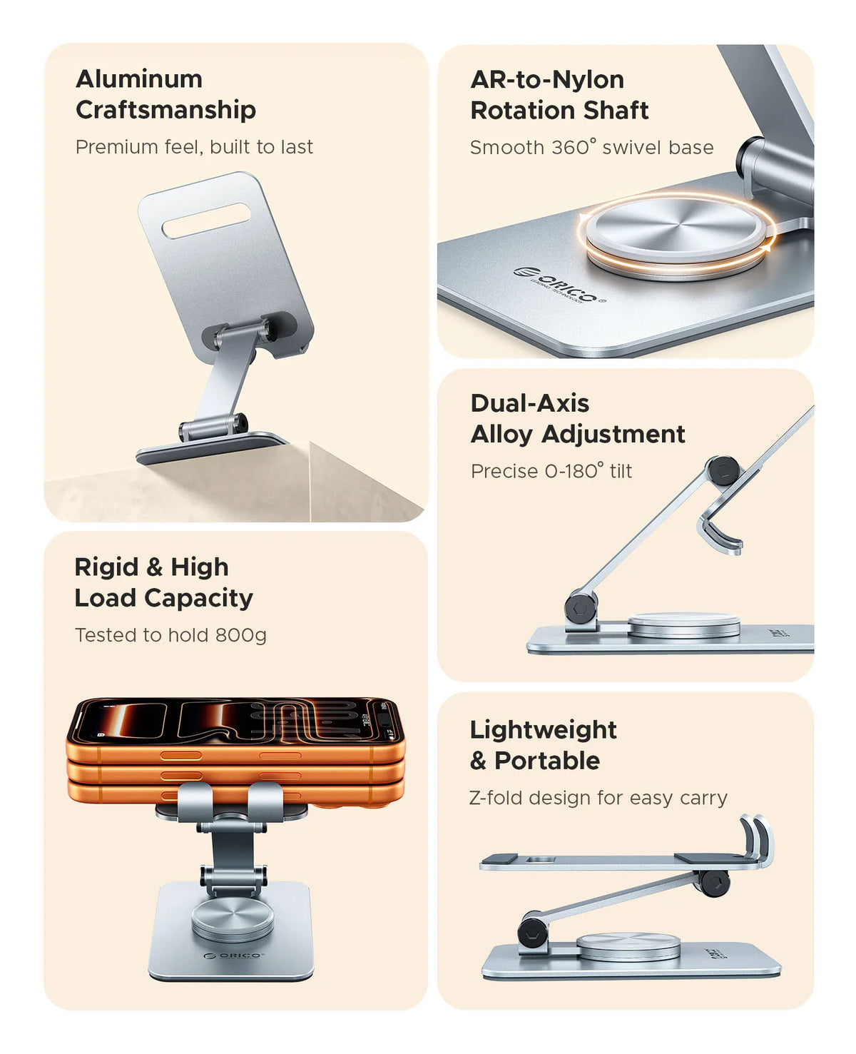 A silver aluminum phone stand with a smooth 360 degree swivel base and dual-axis alloy adjustment.