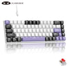 A white compact mechanical gaming keyboard with purple and black keycaps and a detachable cable.