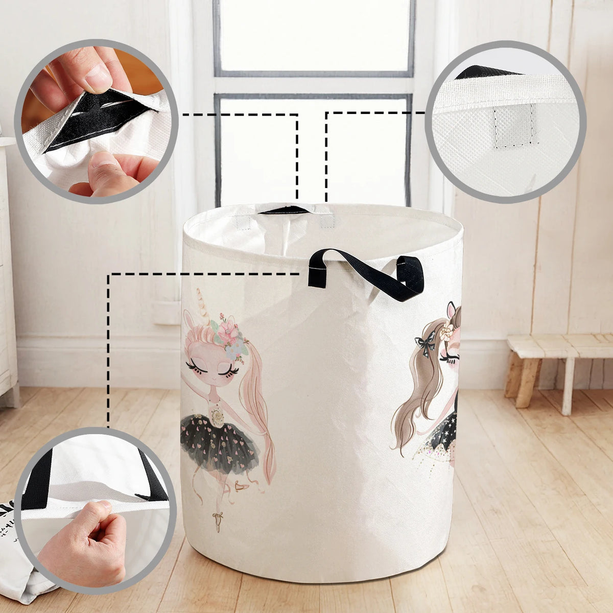 A white foldable storage basket decorated with a unicorn ballerina print, shown with close-ups of the fabric and lid.
