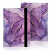 Purple marble patterned e-reader case with a black strap.