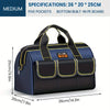 A navy blue tool bag with five pockets and a bottom built-in PE board shown from the top view.