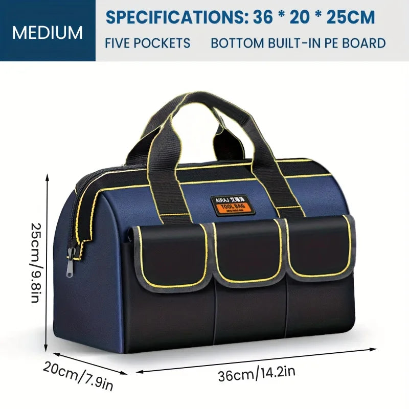 A navy blue tool bag with five pockets and a bottom built-in PE board shown from the top view.