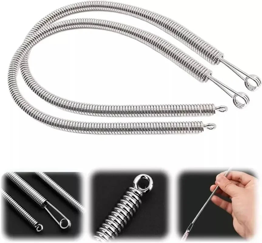 A set of silver spring drawstring needle threader tools shown in various views.