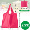 A bright pink foldable reusable grocery bag shown in various sizes and after folding.