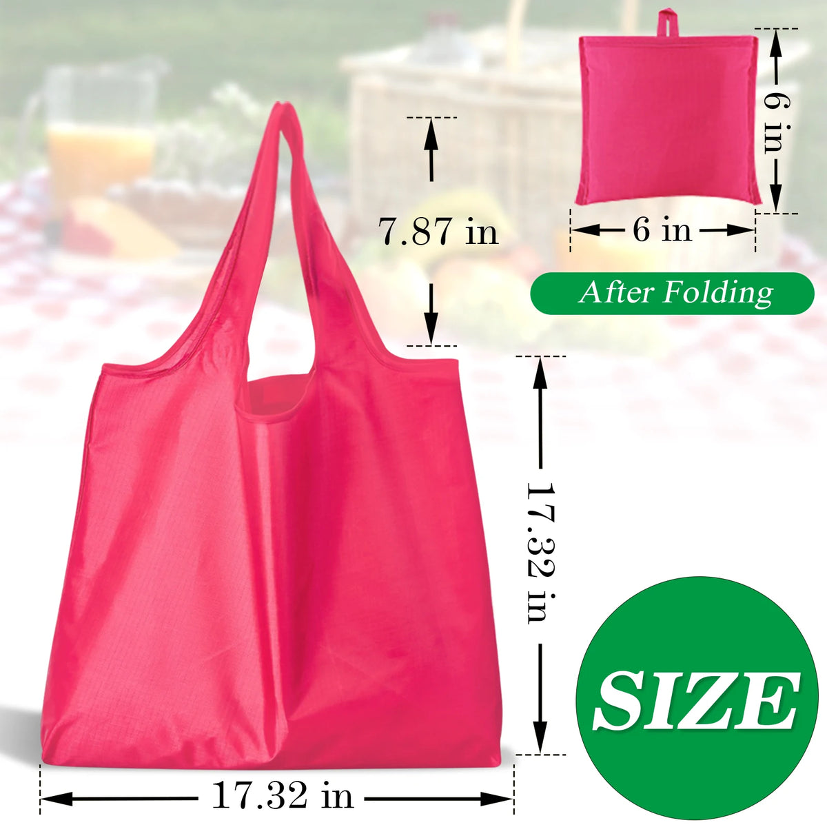 A bright pink foldable reusable grocery bag shown in various sizes and after folding.