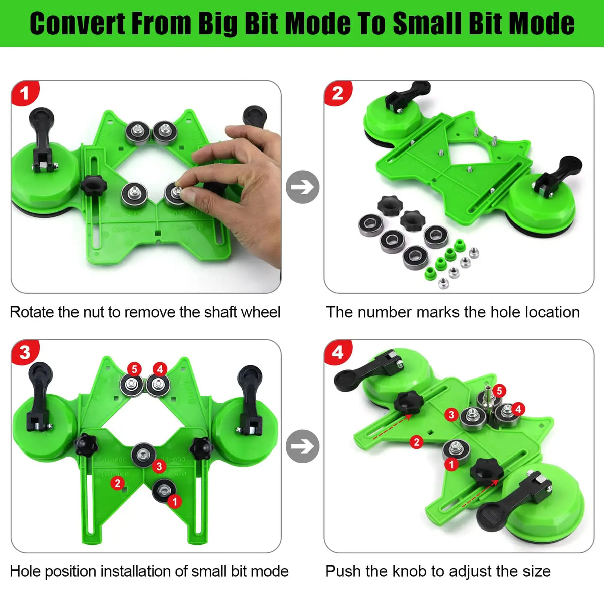A set of green diamond hole saws and guides demonstrating the conversion from big bit mode to small bit mode.