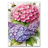 A vibrant watercolor painting of pink and purple hydrangeas with yellow bees, suitable for a diamond painting kit.