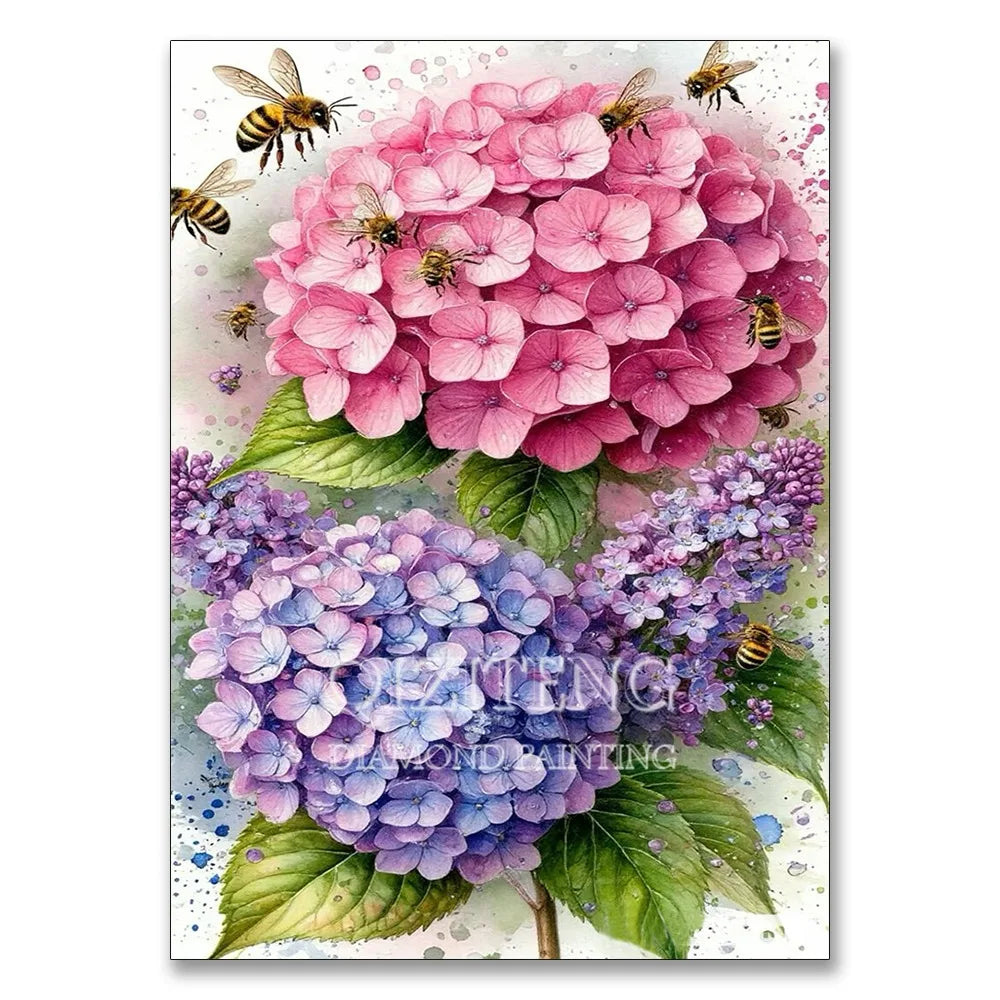 A vibrant watercolor painting of pink and purple hydrangeas with yellow bees, suitable for a diamond painting kit.