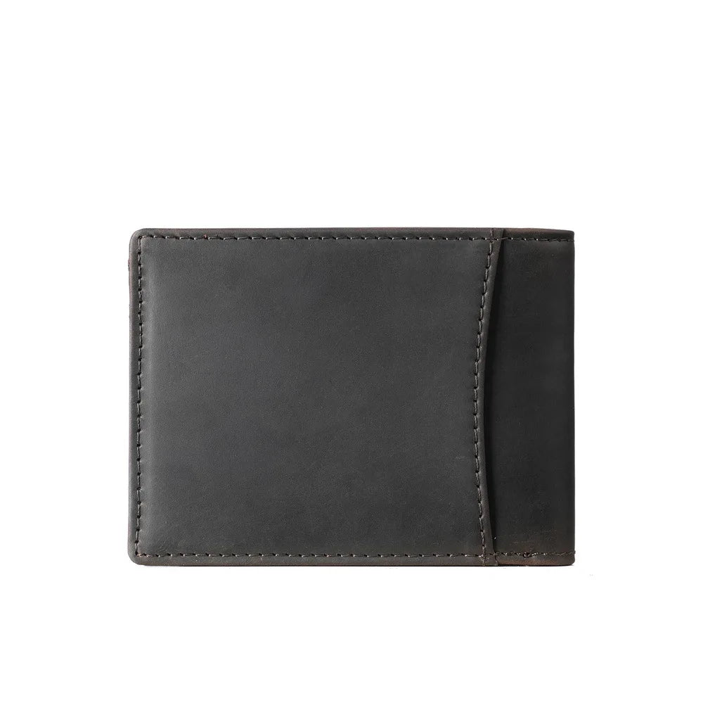 A dark gray men's genuine cowhide leather bifold wallet with a retro finish.