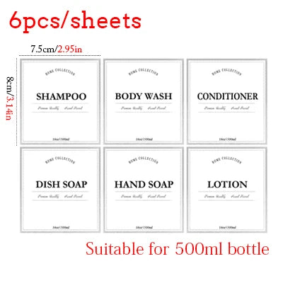 Six sheets of various beauty products including shampoo body wash conditioner dish soap hand soap and lotion for a 500ml bott
