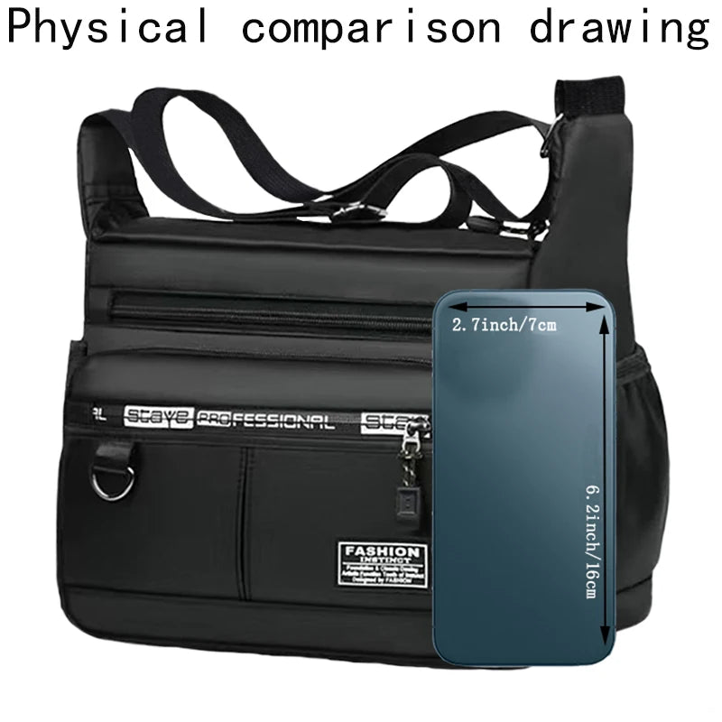 Black men's business crossbody bag with multiple layered pockets and a transparent window.