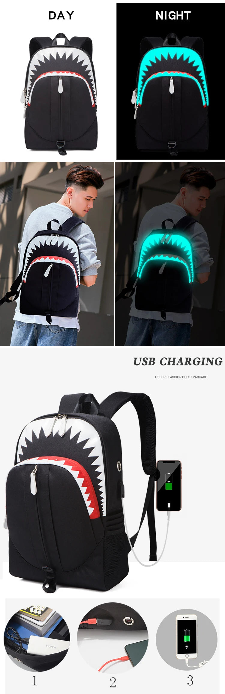 Shark Luminous USB Backpack with Anti-Theft Design