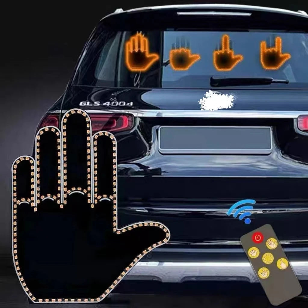 A black car with a hand signal light feature, showing various hand gestures on the vehicle's surface.