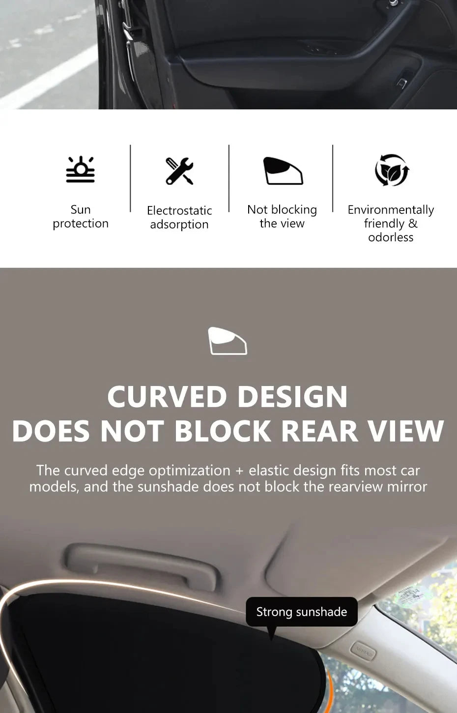 A close-up view of a curved car window sun shade designed to optimize fit and not block the rear view mirror.