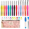 Ergonomic crochet hook set with 14 sizes in various colors stored in a pink lifestyle pouch