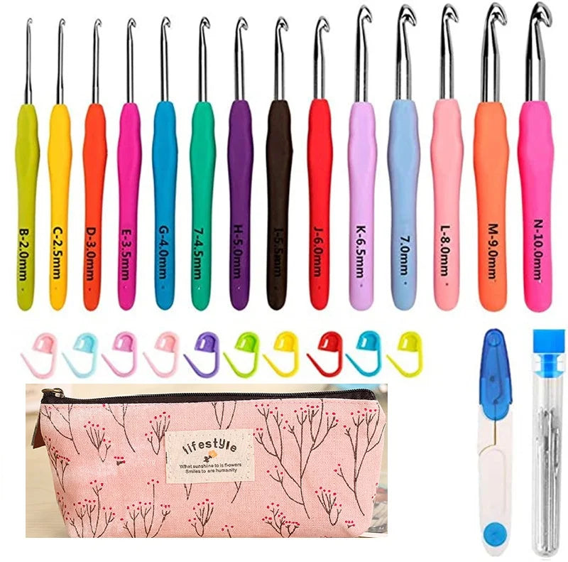 Ergonomic crochet hook set with 14 sizes in various colors stored in a pink lifestyle pouch