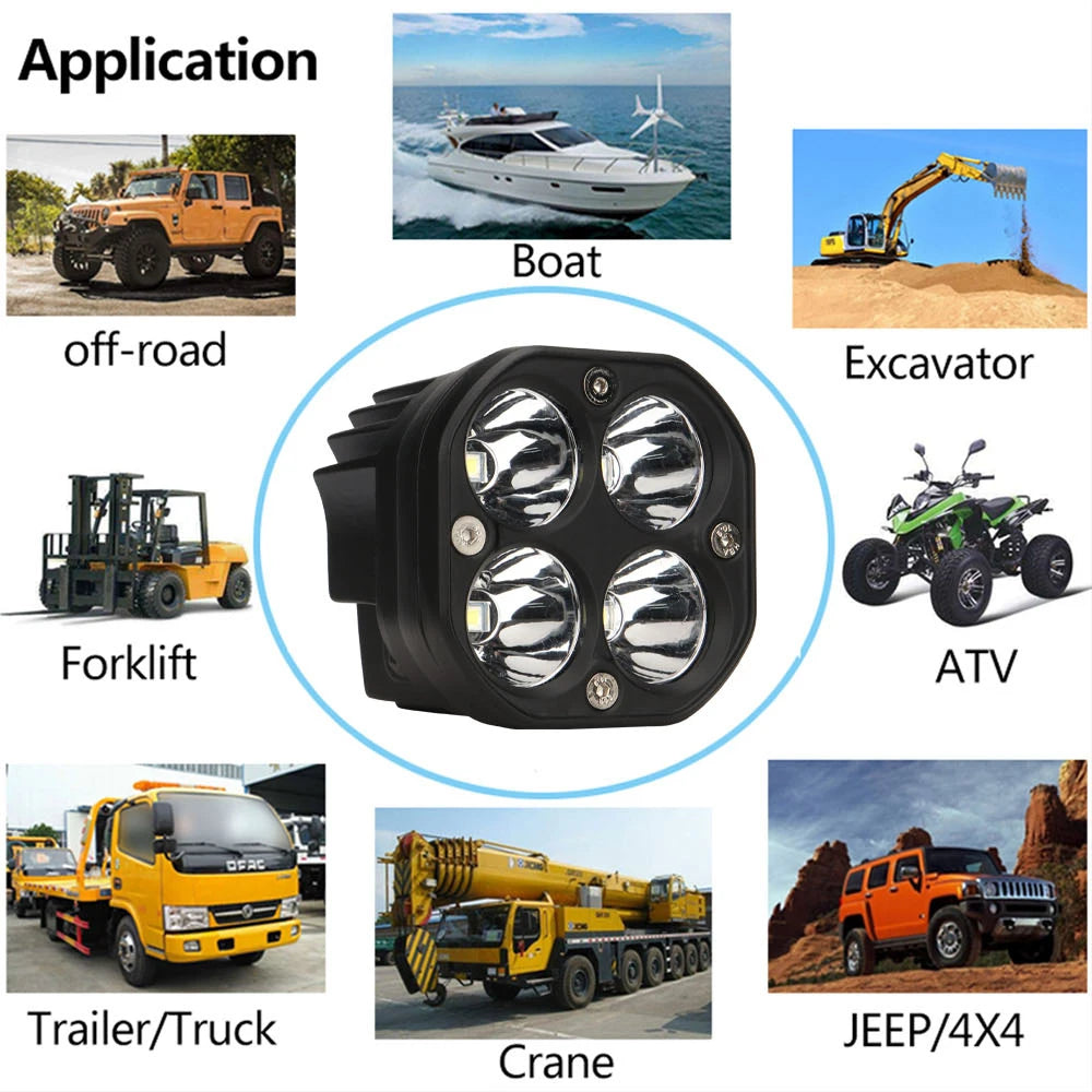 A collection of off-road and utility vehicles including a forklift, boat, excavator, ATV, truck, crane, and Jeep/4x4, surroun