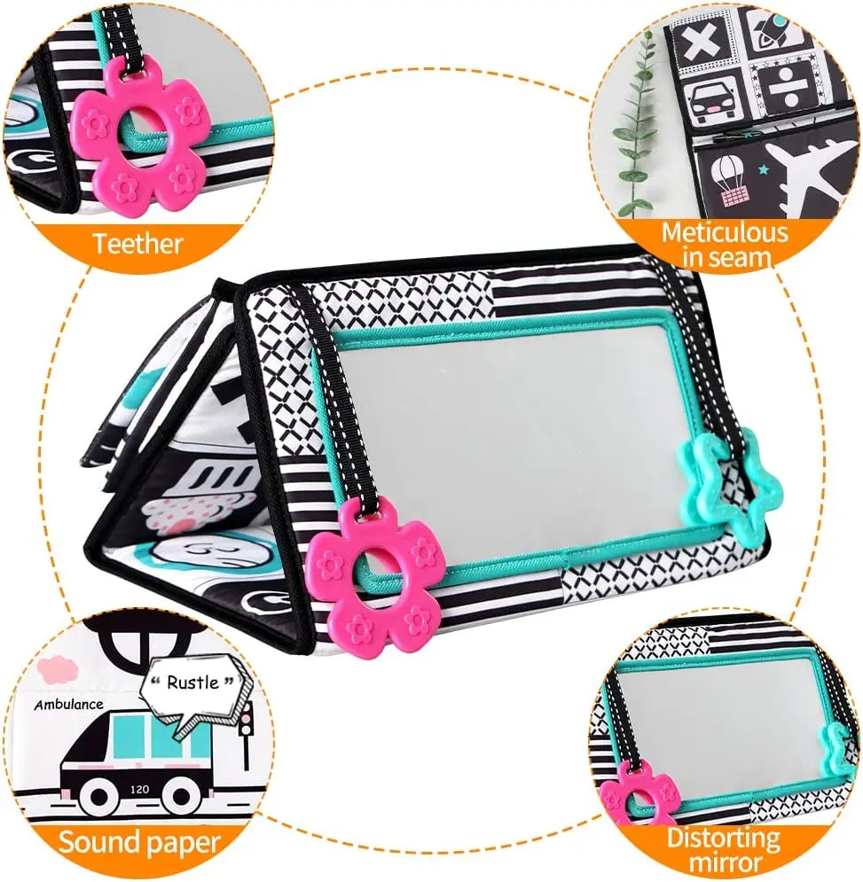 High-contrast crinkle cloth book with a tummy time mirror featuring various textures and sounds for babies