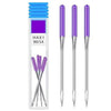 A package of HAX 1 90/14 anti-jump sewing machine needles in a clear plastic case with blue and purple accents.