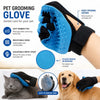 A blue pet grooming glove with soft rubber tips is shown being used on a dog and a cat.