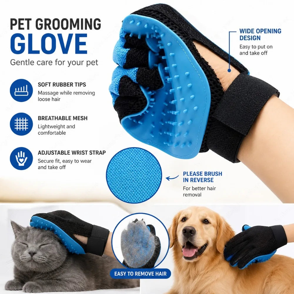 A blue pet grooming glove with soft rubber tips is shown being used on a dog and a cat.