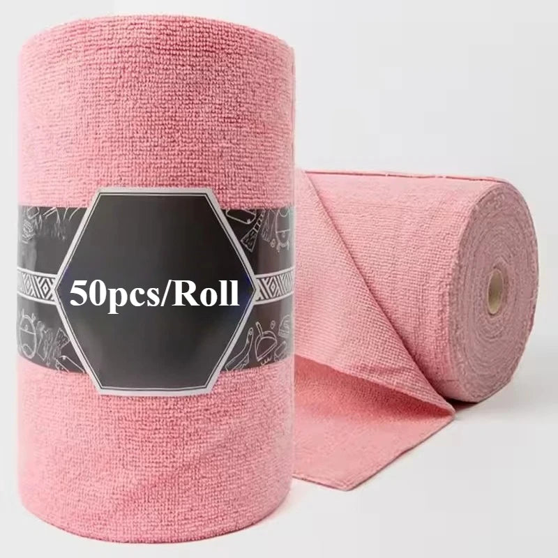 Roll of pink reusable microfiber tear-off towels for kitchen cleaning