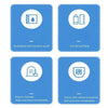 Four blue adhesive labels showing waterproof and moisture-proof, can be cut freely, easy to manage, and comes with adhesive b