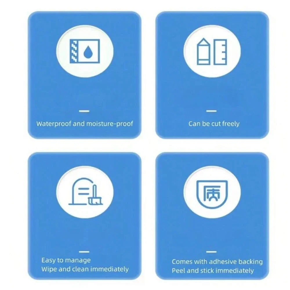 Four blue adhesive labels showing waterproof and moisture-proof, can be cut freely, easy to manage, and comes with adhesive b
