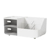 A white desk organizer featuring two compartments, including a storage drawer and a transparent display section.