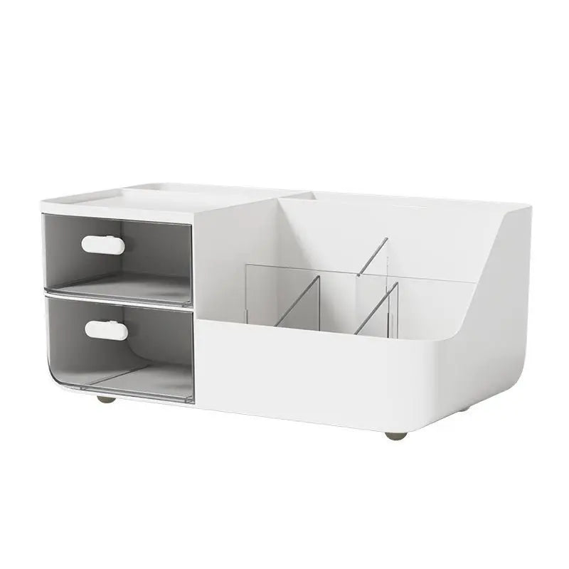 A white desk organizer featuring two compartments, including a storage drawer and a transparent display section.