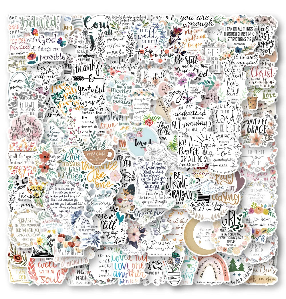 A collage of inspirational Bible verses and quotes on a white background