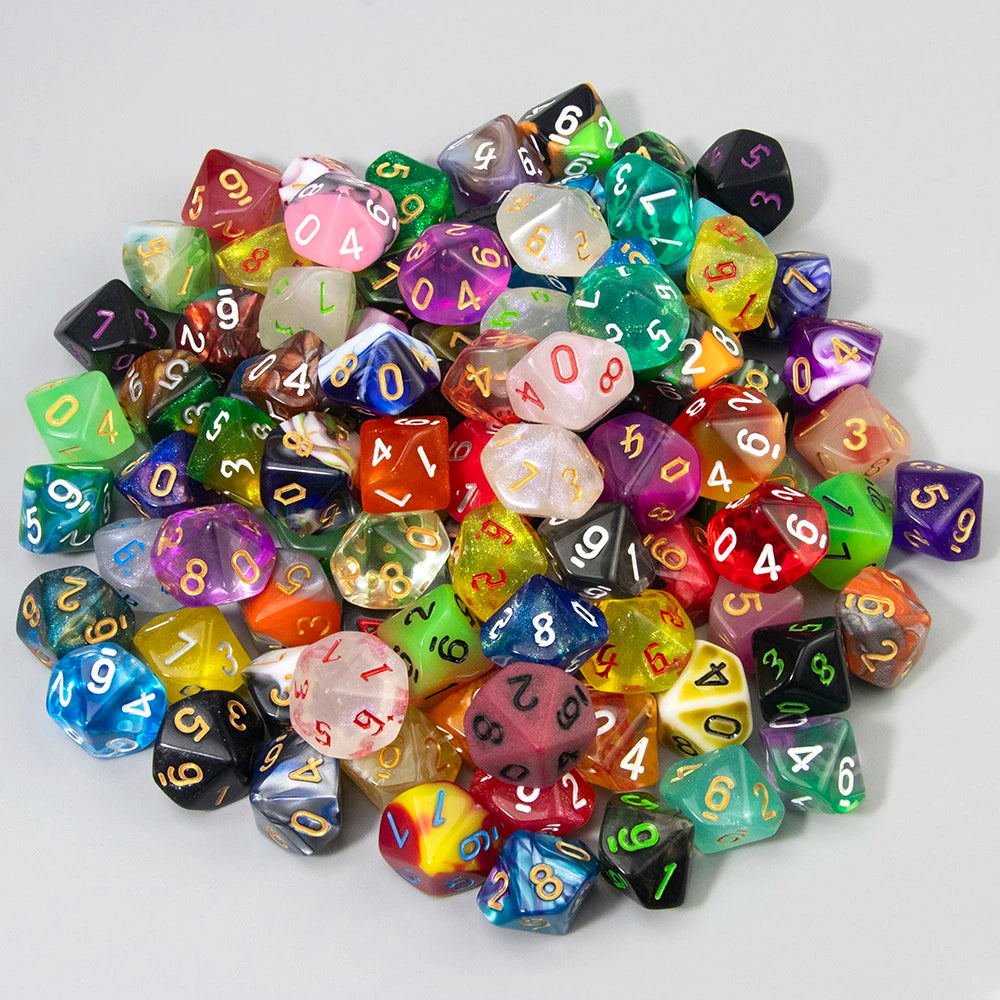 A collection of ten polyhedral dice in various colors and shapes for tabletop role-playing games