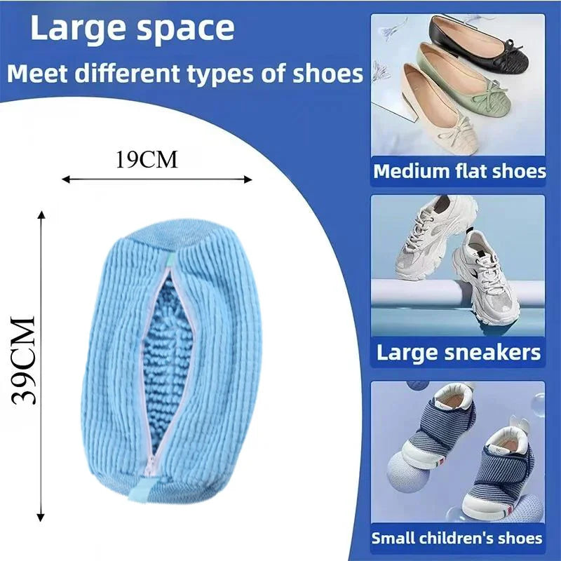 Light blue reusable shoe washing bag with a mesh insert shown next to various types of shoes.