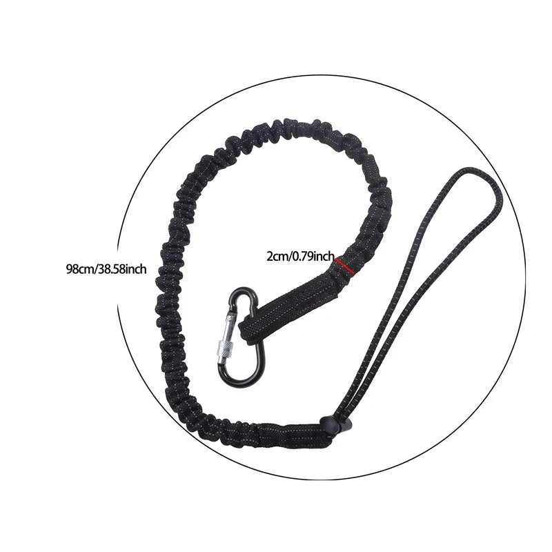 Black bungee tether with a carabiner hook shown in a circular view.