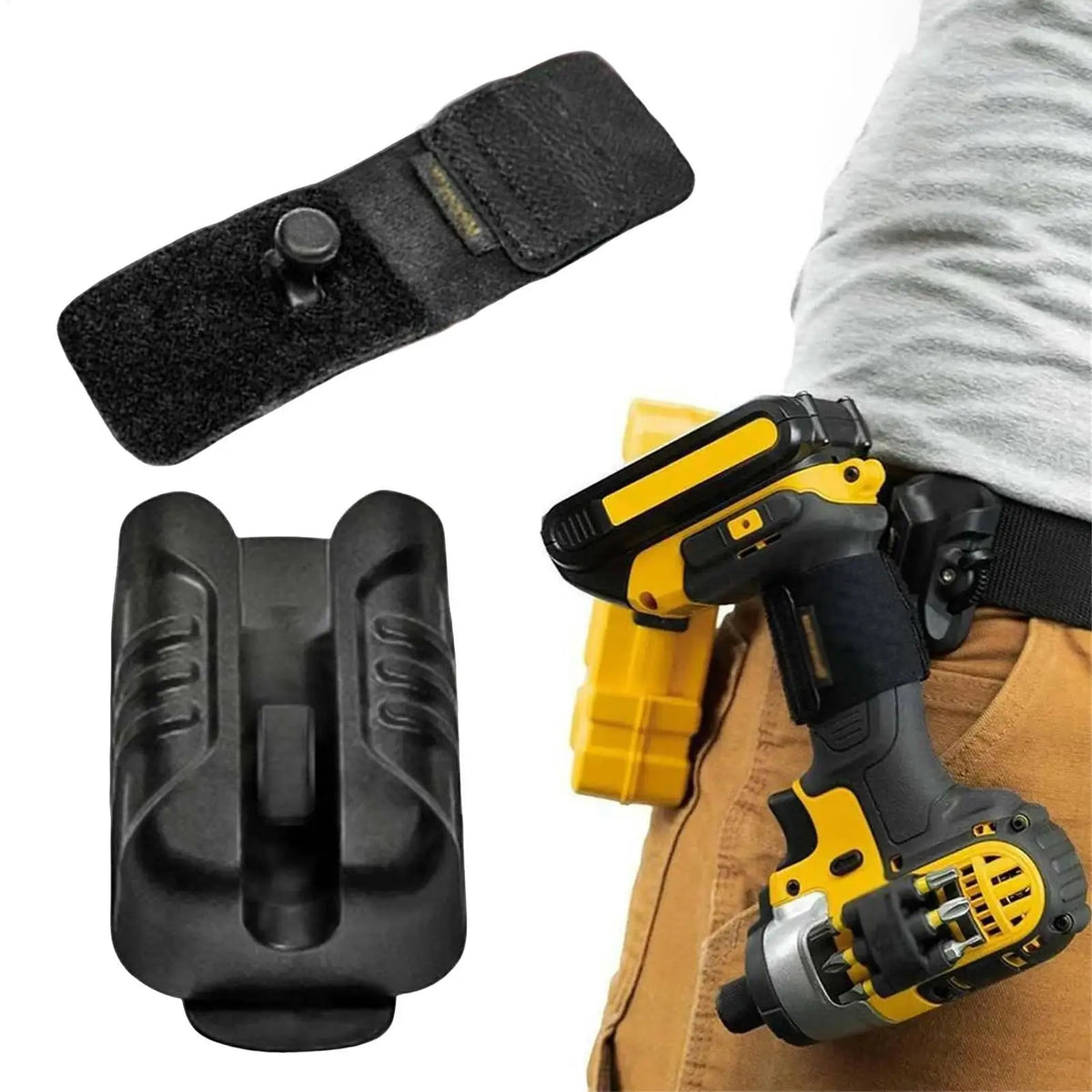 A yellow and black tool holster clip attached to a belt, showing a durable tool holster for hands-free carry.