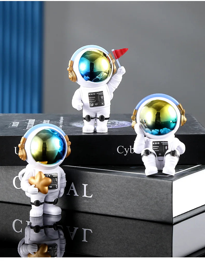 A white astronaut figurine with a clear helmet and red flag is displayed on stacked black books.