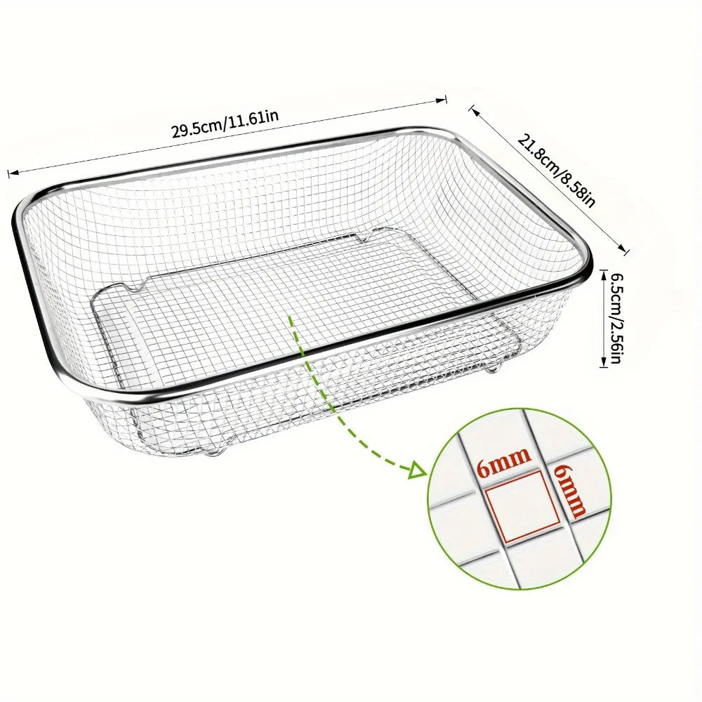 Stainless steel garden soil sieve for potting and plant care with dimensions shown.