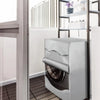 A silver waterproof washing machine cover with a roll edge design is shown inside a modern bathroom or laundry area.