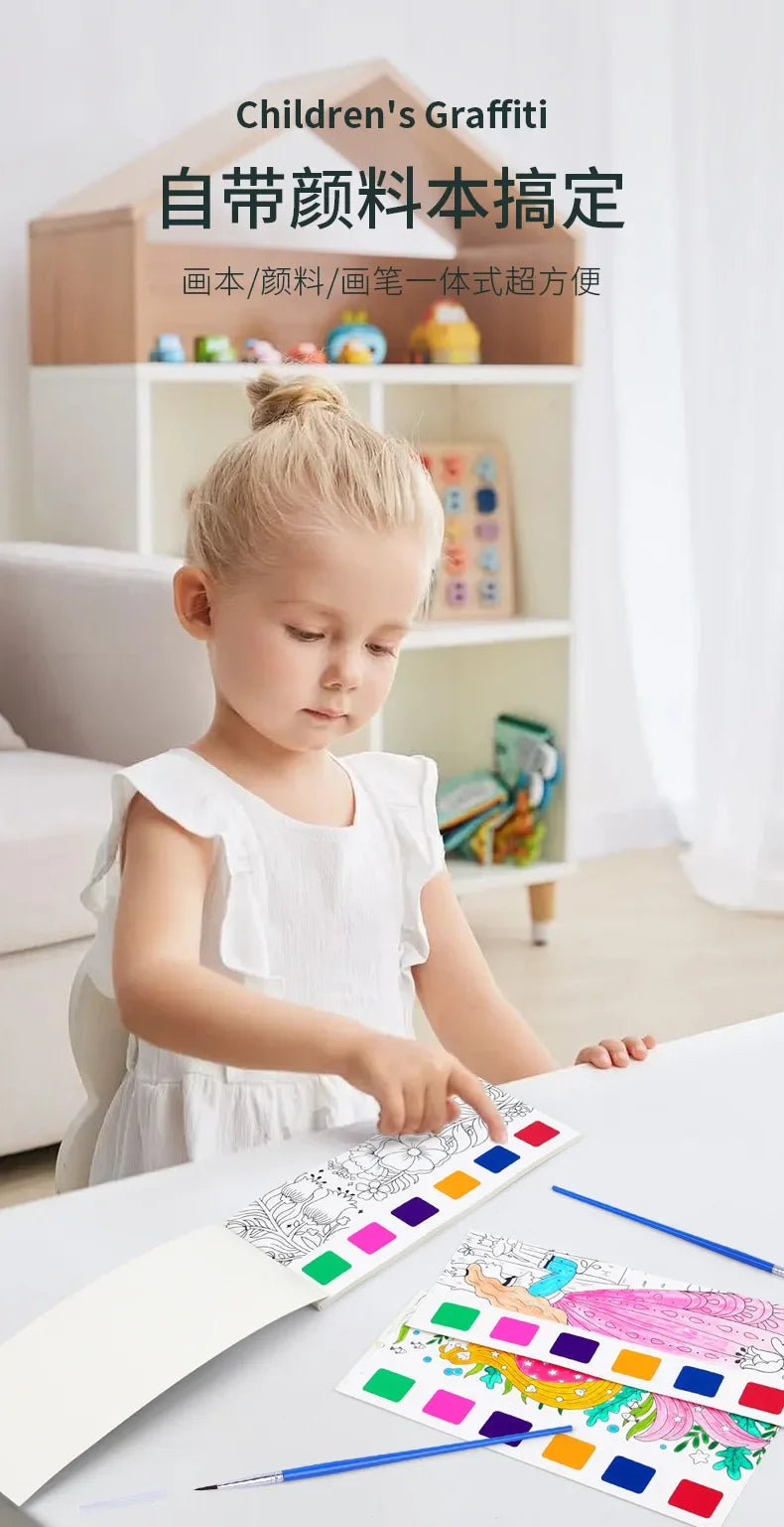 A young girl is painting on a white surface using a portable watercolor painting book and brush for children's graffiti.