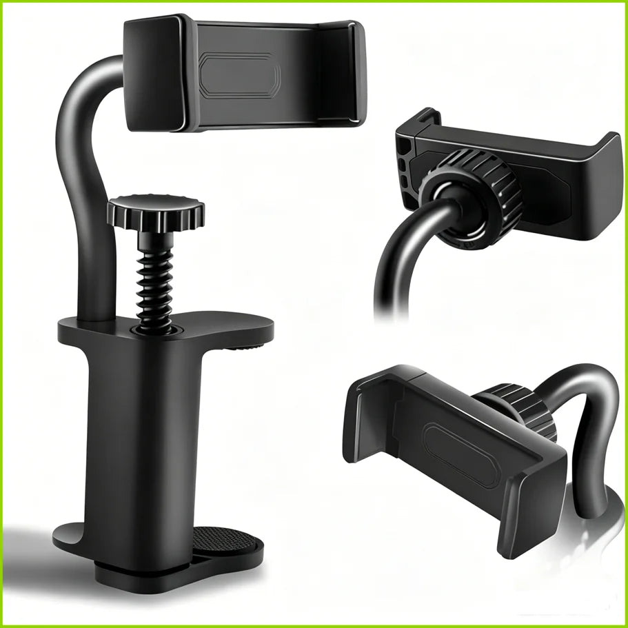 Black adjustable guitar phone mount with a clamp and mounting bracket.