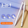 A white 3-in-1 multifunctional stylus pen with a silver fiber tip is shown next to its components and tablet adsorption featu