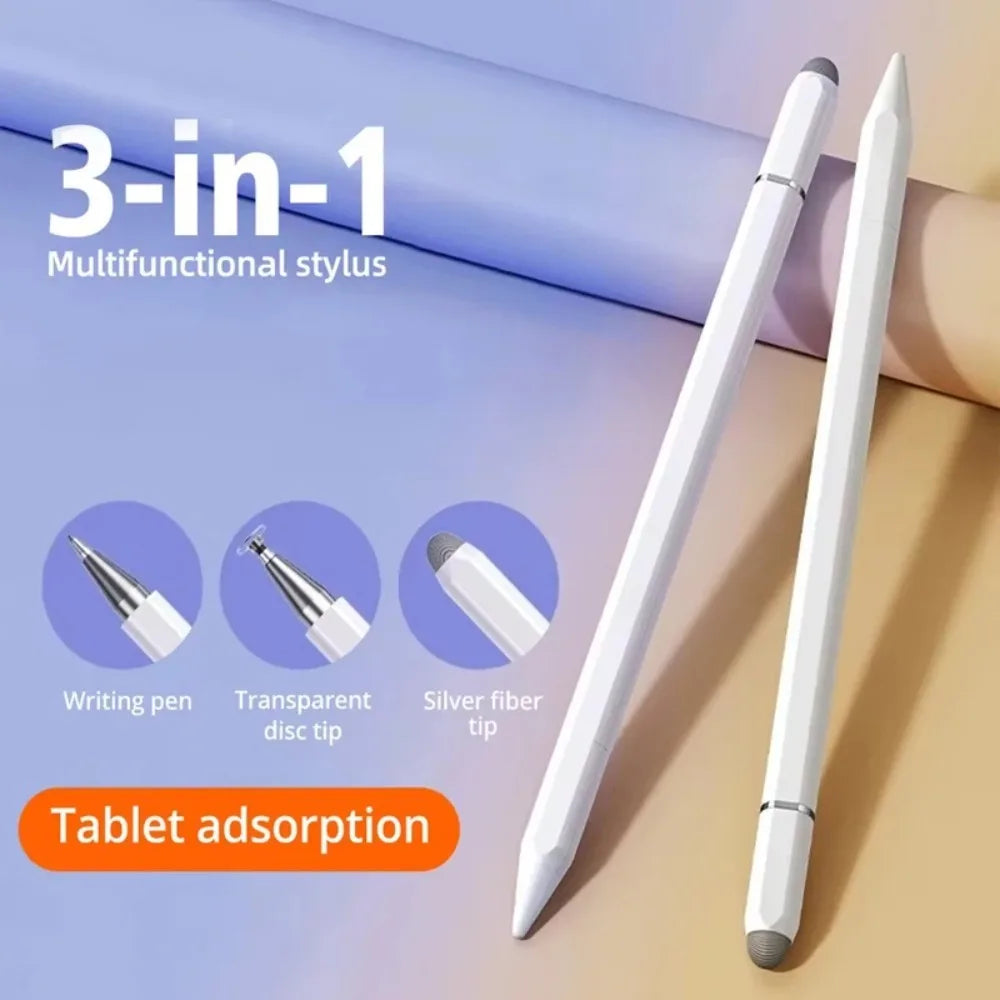 A white 3-in-1 multifunctional stylus pen with a silver fiber tip is shown next to its components and tablet adsorption featu