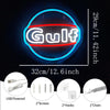 Blue neon sign shaped like the word Gulf on a dark background with accessories shown.